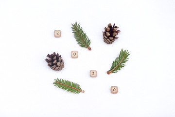 Christmas 2020 new year background. Wooden cubes 2010, fir tree branch, cones on white background.