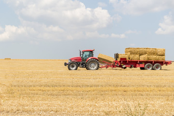 Tractor collecting straw bales during harvesting in the field at nice blue sunny day.