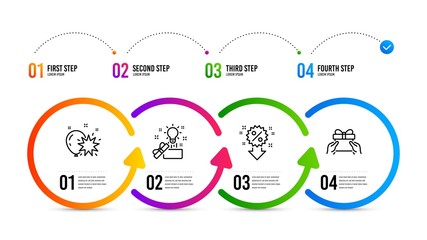 Give present sign. Infographics timeline. Creative idea, Balloon dart and Discount line icons set. Present box, Attraction park, Sale shopping. Receive a gift. Holidays set. Creative idea icon. Vector