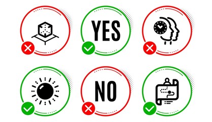 Sun energy, Augmented reality and Time management icons simple set. Yes no check box. Journey path sign. Solar power, Virtual reality, Teamwork clock. Project process. Technology set. Vector