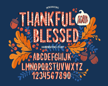 Font Thanksgiving Day. Typography Alphabet With Colorful Autumn Illustrations.