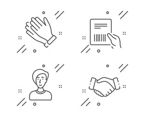 Parcel invoice, Businesswoman person and Clapping hands line icons set. Handshake sign. Delivery document, Female user, Clap. Deal hand. People set. Line parcel invoice outline icon. Vector
