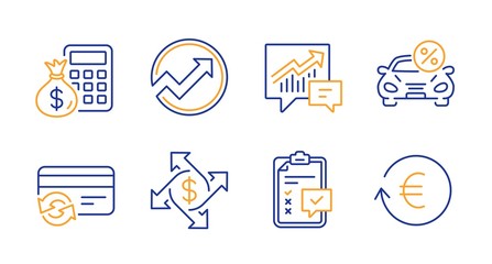 Audit, Payment exchange and Change card line icons set. Finance calculator, Checklist and Accounting signs. Car leasing, Exchange currency symbols. Arrow graph, Money transfer. Finance set. Vector