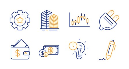 Electric plug, Candlestick graph and Dollar money line icons set. Settings gear, Wallet and Skyscraper buildings signs. Time management, Signature symbols. Energy, Finance chart. Vector