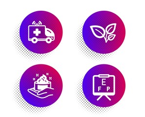 Leaves, Ambulance car and Skin care icons simple set. Halftone dots button. Vision board sign. Grow plant, Emergency transport, Hand cream. Eye check. Healthcare set. Classic flat leaves icon. Vector
