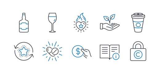 Set of Business icons, such as Medical drugs, Payment, Wine glass, Takeaway coffee, Technical info, Heart flame, Loyalty points, Whiskey bottle, Helping hand, Copyright locker line icons. Vector