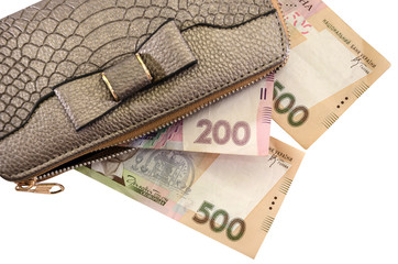 female wallet and hryvnia on a white background. Close-up. Ukrainian hryvnia, denominations of 500 and 200.