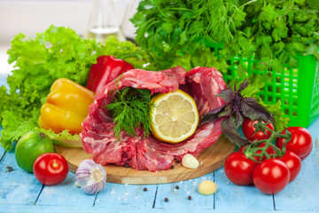 nutria meat with vegetables and herbs, blank, meat processing.
