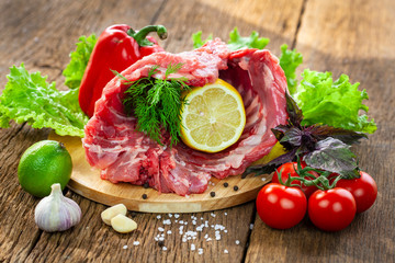 nutria meat with vegetables and herbs, blank, meat processing.