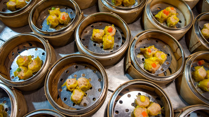 Street food in asian night market known as dimsum