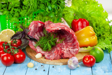 nutria meat with vegetables and herbs, blank, meat processing.