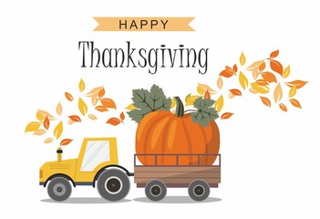 Harvest Truck with Pumpkin. Thanksgiving greeting card. - 292831435