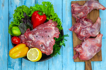 nutria meat with vegetables and herbs, blank, meat processing.