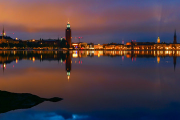 Stockholm, Sweden The Stockholm skyline at dawn and the City Hall, or Stadshuset. .