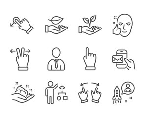 Set of People icons, such as Touchscreen gesture, Messenger mail, Helping hand, Drag drop, Skin care, Healthy face, Leaf, Human, Click hand, Startup, Move gesture, Algorithm line icons. Vector