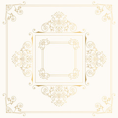 Elegant vintage squared frame with golden borders and corners. Wedding invite template. Vector isolated illustration.