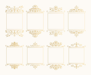 Set of golden vintage flourish frames for menu, label, branding design. Vector isolated illustration.