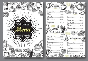 Hot drinks and sweet desserts A4 menu vector template