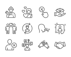 Set of People icons, such as Clapping hands, Hold box, Love, Repairman, Handshake, Human resources, Quiz test, Friends couple, Breathing exercise, Developers chat, Delete user line icons. Vector