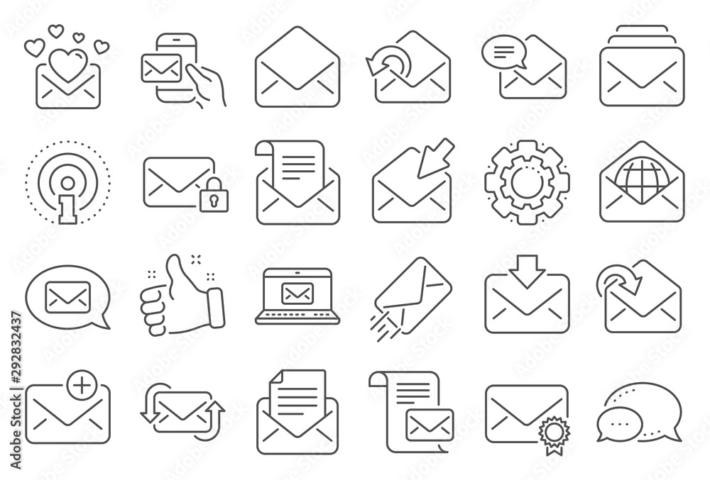 Poster mail message line icons. newsletter, email document, correspondence icons. received mail, secure mes