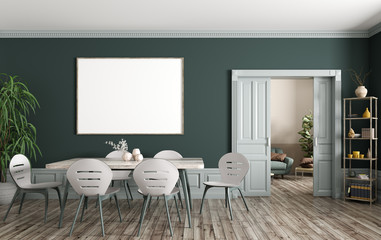 Interior of modern dining room with big mock up poster on the green wall 3d rendering