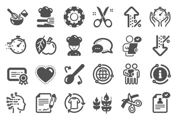Chef hat, Customer survey, Fast delivery icons. Approved application, Scissors cutting ribbon, Artificial intelligence icons. Percent decrease, interest rate, contract. Quality set. Vector