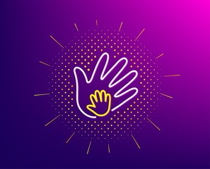 Hand line icon. Halftone pattern. Social responsibility sign. Honesty, collaboration symbol. Gradient background. Social responsibility line icon. Yellow halftone pattern. Vector