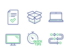 Approved checklist, Open box and Monitor line icons set. Notebook, Quick tips and Methodology signs. Accepted message, Delivery package, Computer component. Laptop computer. Technology set. Vector