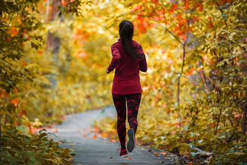 Autumn run active fit runner woman jogging in foliage forest woods of park, healthy living...