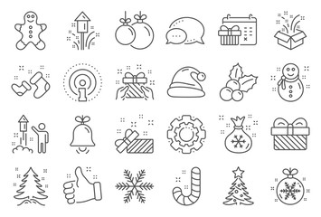 Christmas, New year line icons. Santa hat, Gingerbread man and Gift box icons. Fireworks, Snowflake and christmas holly. Snowman, santa socks and Pine tree. New year ball, holiday calendar. Vector