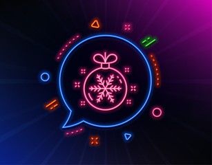 Christmas ball with snowflake line icon. Neon laser lights. New year tree decoration sign. Glow laser speech bubble. Neon lights chat bubble. Banner badge with christmas ball icon. Vector