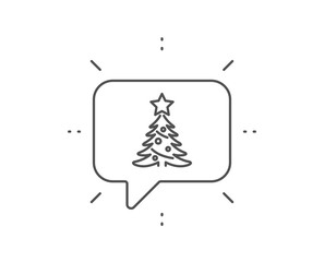 Christmas tree present line icon. Chat bubble design. New year spruce sign. Fir-tree symbol. Outline concept. Thin line christmas tree icon. Vector