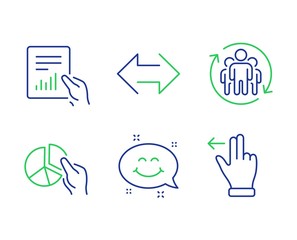 Pie chart, Teamwork and Document line icons set. Smile chat, Sync and Touchscreen gesture signs. Presentation graph, Employees change, File with diagram. Happy emoticon. Technology set. Vector