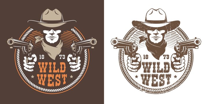 Cowboy with guns - wild west vintage logo. Bandit cowboy with pistol in a hat - retro emblem. Vector illustration.