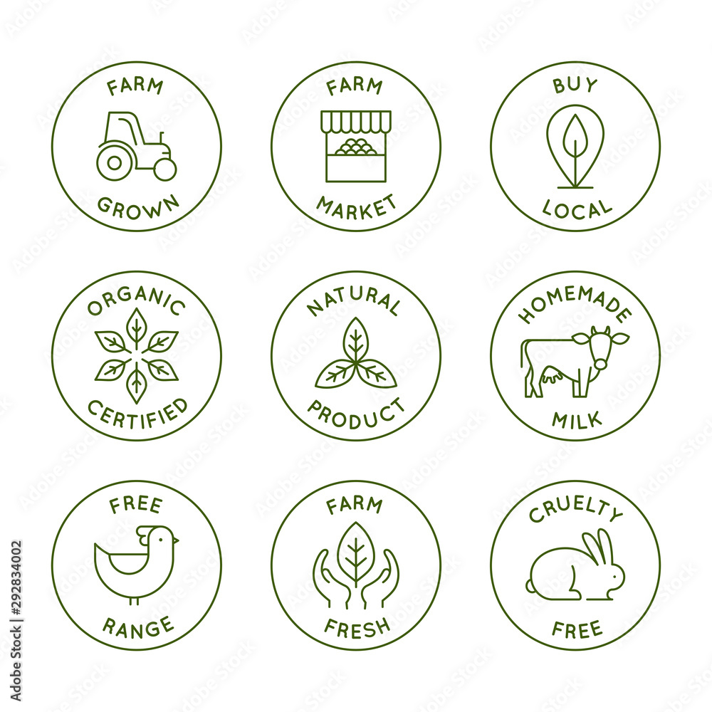 Poster Vector logo design templates and emblems in simple line style - fresh farm products