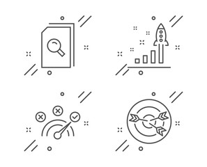 Development plan, Search files and Correct answer line icons set. Targeting sign. Strategy, Magnifying glass, Speed symbol. Target with arrows. Education set. Vector