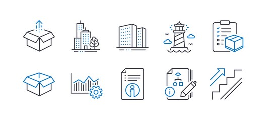 Set of Industrial icons, such as Operational excellence, Lighthouse, Technical info, Parcel checklist, Send box, Buildings, Skyscraper buildings, Algorithm, Opened box, Stairs line icons. Vector