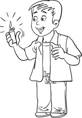 Young boy with a lit lighter.