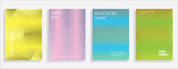 Minimalistic cover design templates. Set of layouts for covers of books, albums, notebooks, reports, magazines. Line halftone gradient effect, flat modern abstract design. Geometric mock-up texture
