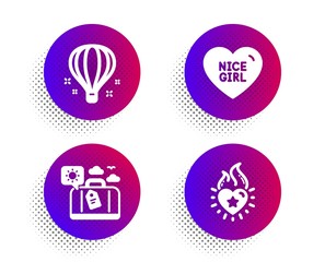 Nice girl, Travel luggage and Air balloon icons simple set. Halftone dots button. Heart flame sign. Love heart, Trip bag, Sky travelling. Love fire. Holidays set. Classic flat nice girl icon. Vector