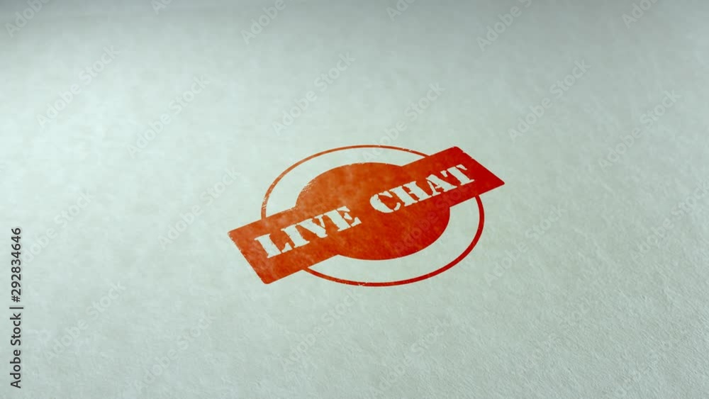 Wall mural Live chat word stamping text wooden retro stamp animation. red ink on clean white paper