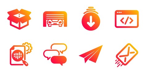 Open box, Seo script and Scroll down line icons set. Paper plane, Seo stats and Parking garage signs. Talk bubble, E-mail symbols. Delivery package, Programming. Technology set. Vector