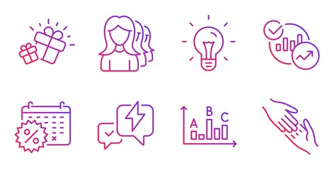 Statistics, Women headhunting and Lightning bolt line icons set. Idea, Gift and Survey results signs. Calendar discounts, Helping hand symbols. Report charts, Women teamwork. Business set. Vector
