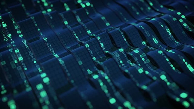 Blue hexadecimal big data digital code. Futuristic information technology concept. Computer generated seamless loop 3D render animation with DOF