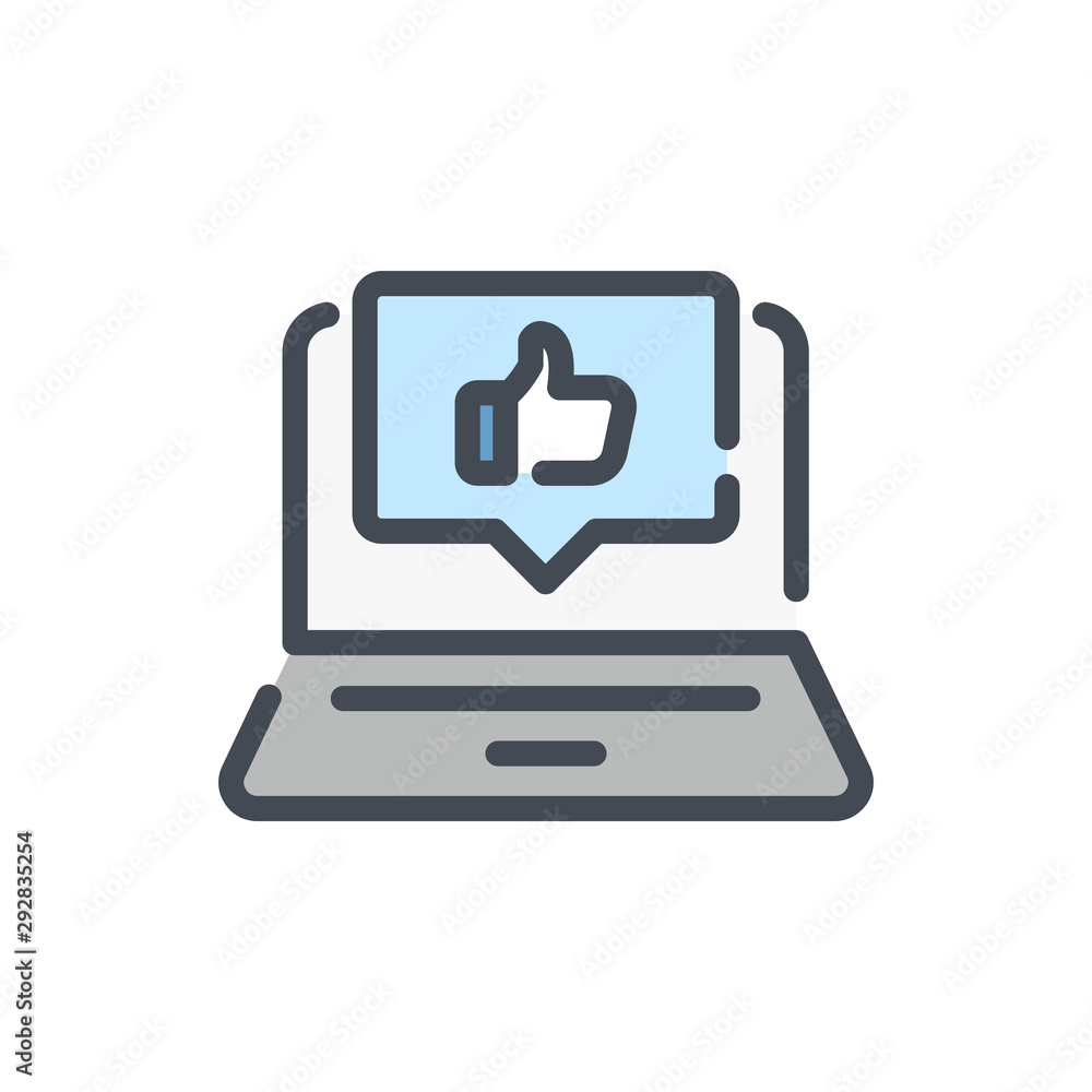 Fototapete laptop with like pop up notification color line icon. computer with thumb up in chat box vector outl
