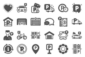 Parking icons. Car garage, Valet servant and Paid transport parking icons. Video monitoring, Bike or Car park and Truck or Bus transport garage. Money payment, Map pointer and Free park. Vector