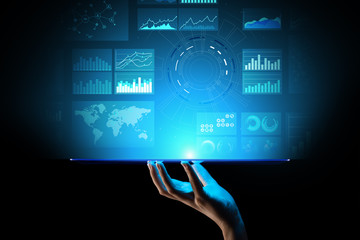 Virtual screen business intelligence dashboard, analytics and big data technology concept.