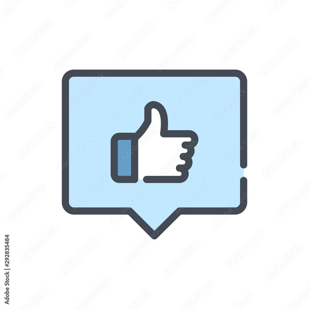 Poster like in notification chat box color line icon. thumbs up rating vector outline colorful sign.