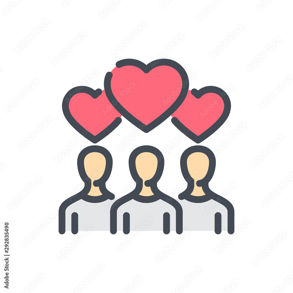 Poster rating from subscribers color line icon. people with hearts over their heads vector outline colorful