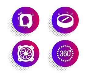 Computer fan, Medical tablet and Head icons simple set. Halftone dots button. 360 degrees sign. Pc ventilator, Medicine pill, Profile messages. Panoramic view. Business set. Vector